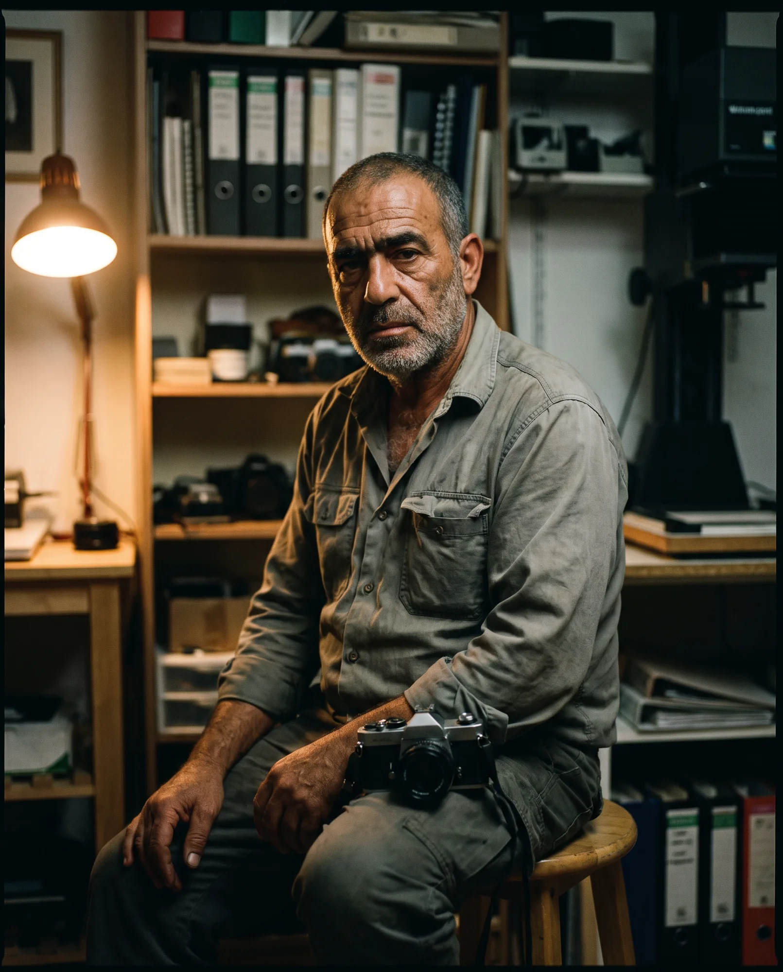 אלון ברוש יושב בחדר העבודה שלו עם מצלמת פילם על הברך